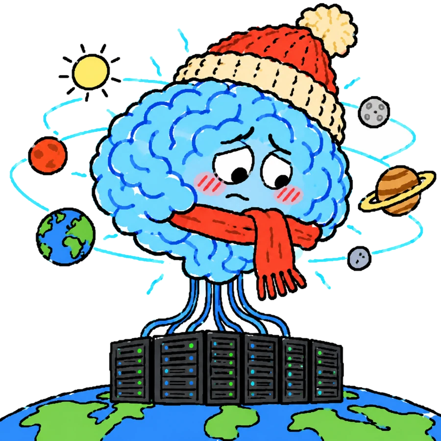 A blue brain on server racks on top of the Earth, wearing a knitted hat and scarf, looking embarrassed while planets orbit him
